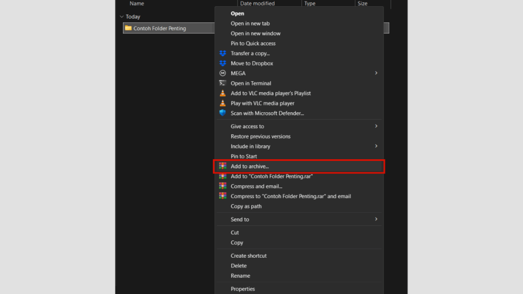 Klik Kanan dan Pilih Menu Add to Archive